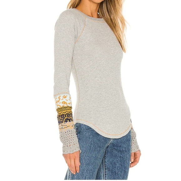 Free People In The Mix Cuff Thermal Tee Heather Grey Color LAST ONE Sz Small NWT - Picture 3 of 13
